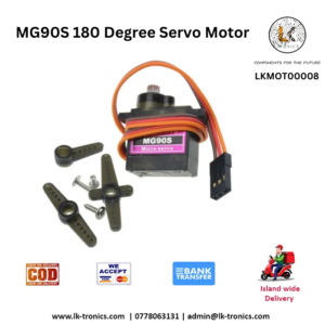Close-up of an MG90S 180 degree servo motor with connector wires for robotics and Arduino