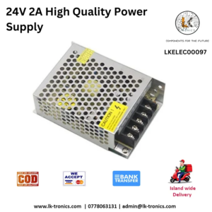 Black 24V 2A AC-DC power supply adapter with standard DC barrel connector and safety icons